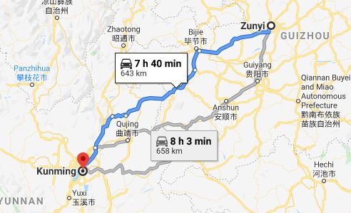 Route map from Zunyi to Vietnamese Consulate in Kunming