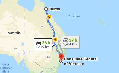 Route map from Cairns to the Consulate of Vietnam in Sydney
