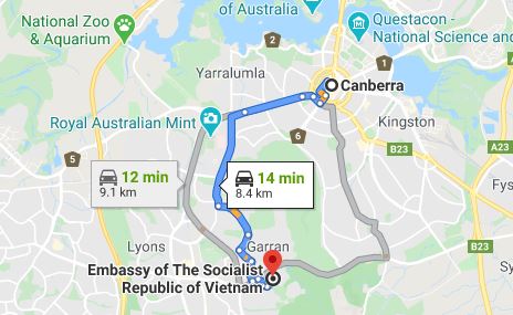 Route map from Canberra to the Embassy of Vietnam