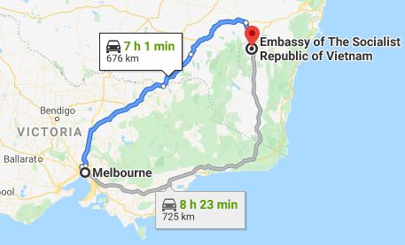 Route map from Melbourne to the Embassy of Vietnam in Canberra