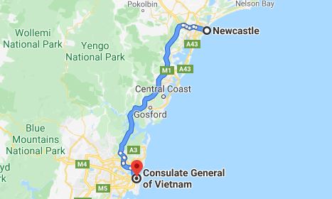 Route map from Newcastle to the Consulate of Vietnam in Sydney