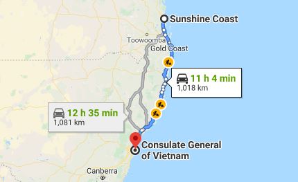 Route map from Sunshine Coast to the Consulate of Vietnam in Sydney